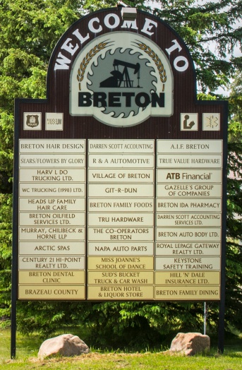 The sign at the entrance to Breton lists many of the businesses this west-central Alberta is home to.