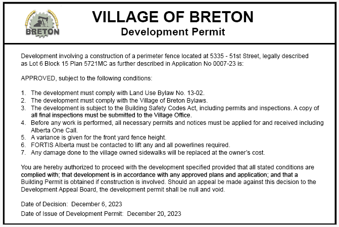 Development Permit, Perimeter Fence, 5335 - 51st Street, Application No 0007-23